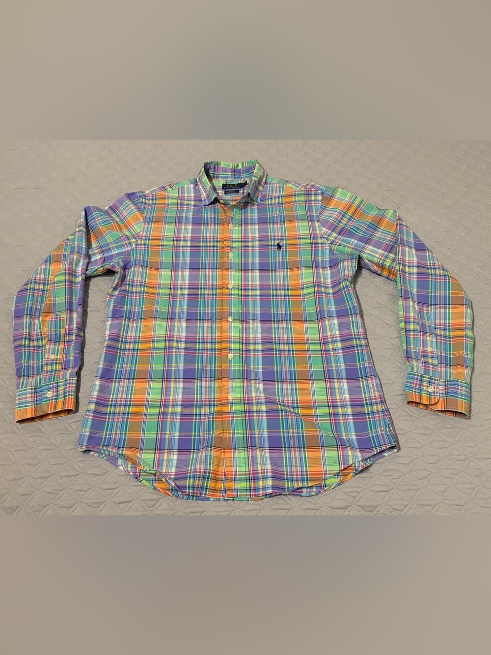 Polo Ralph Lauren Mens Large Shirt Plaid Purple Orange Slim Fit Stretch Cotton